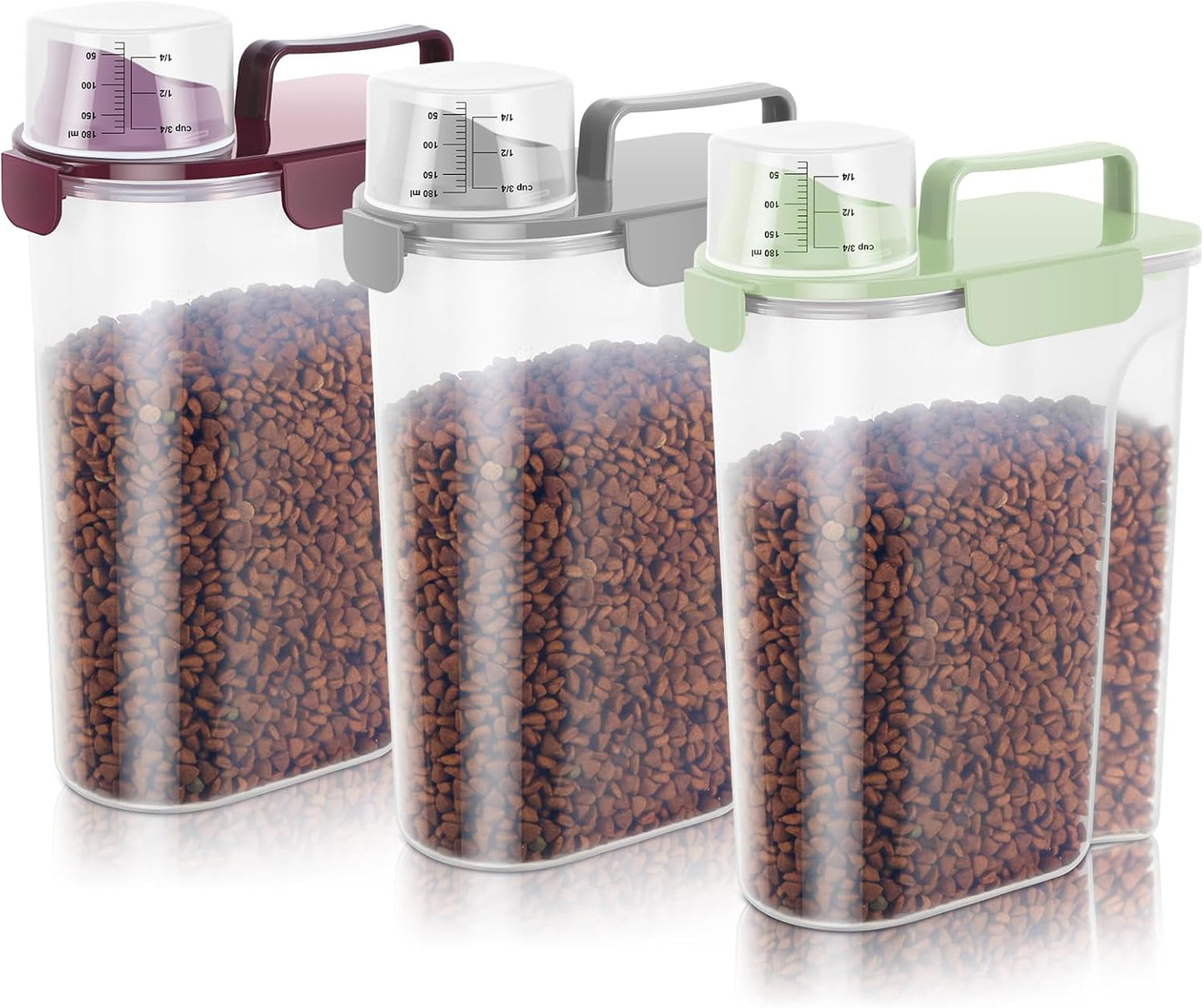 10-20Lbs Portable Cat Dog Food Storage Container with Upgraded Large Spout and Cup Dispenser for Small Large Animal Kibble, Pet Bird snack, Oatmeal, Rice, Flour, Brown Sugar-3 Pack Purple Gray Green