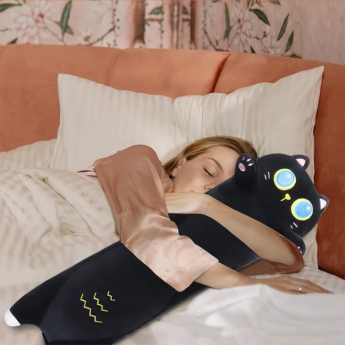 Long Black Cat Plush Pillow,35.5" Large Black Cat Stuffed Animal,Weighted Cat Plush,Cuddly Sleeping Hugging Stuffed Animal, Giant Cute Body Pillow,Plush Toy Gift at Birthday Kids Adults