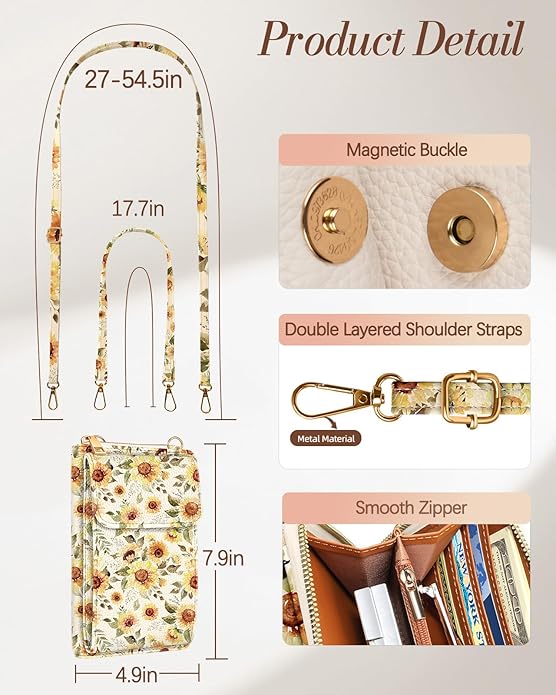 Cute Crossbody Purse Cell Phone Bags for Women - Leather Cellphone Wallet Purse with Handle Rope and Adjustable Shoulder Rope