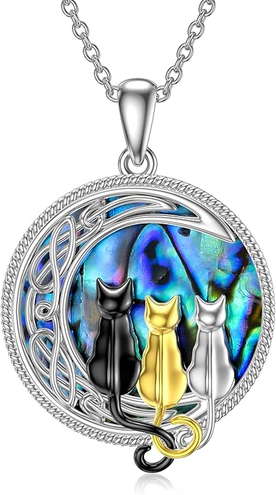 TOUPOP Cat Necklace Sterling Silver Abalone Shell Celtic Cat on the Moon with Abalone Shell Birthday Christmas Jewelry Gifts for Women