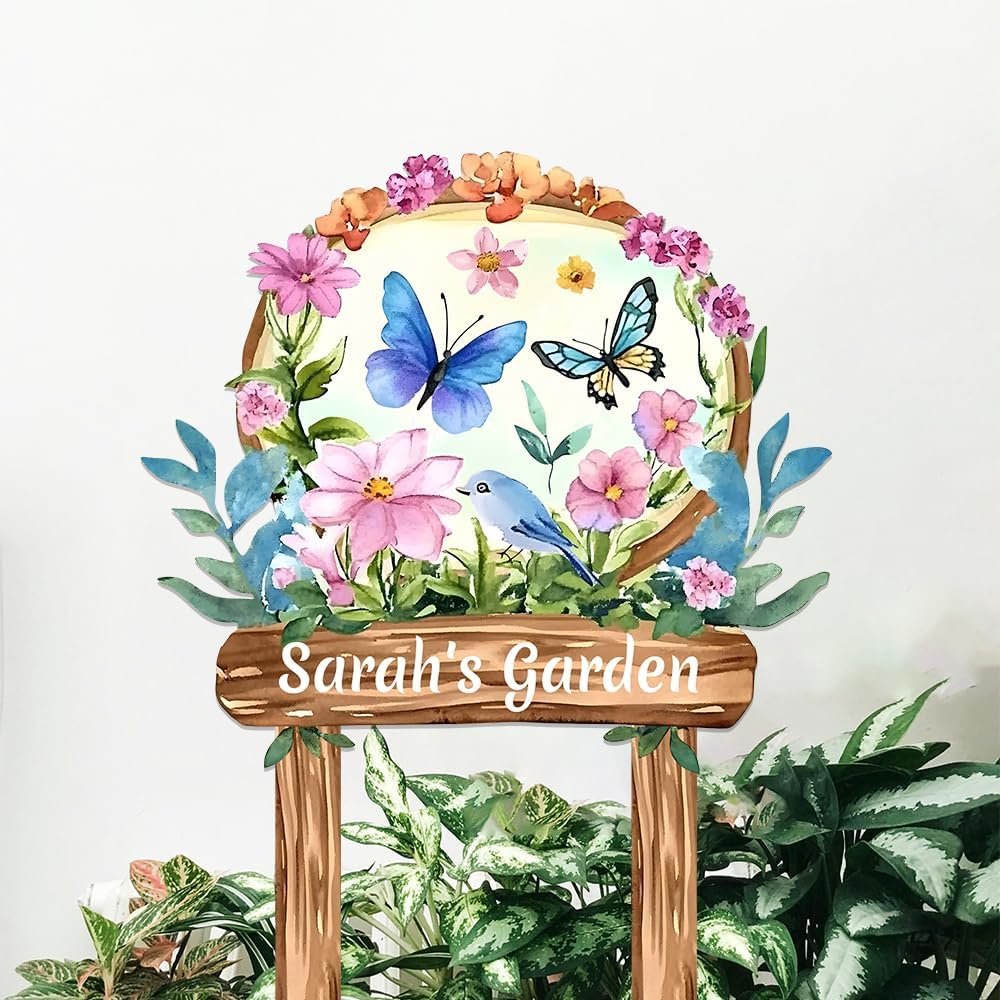 Personalized Watercolor Garden Metal Sign with Stake,Custom Gardener Last Name Signs Outdoor Decor,Customized Birds Gardening Gifts for Mom,Butterfly Flowers Plaques for Patio Lawn Porch Yard Garage