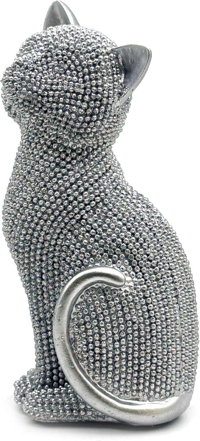 FUNSXBUG Decorative Cat Sitting Statue Art Figurines Sculpture Collectibles Home Office Desktop Decor Outdoor Garden Tabletop Display Decoration (Silver)