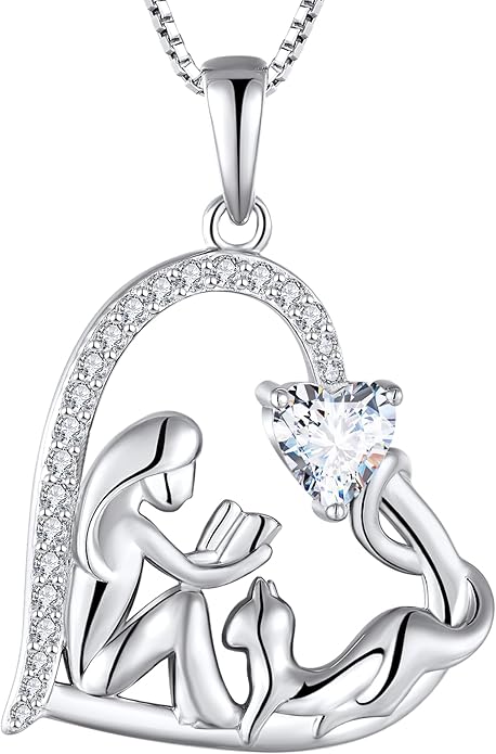 YL Women's Cat Necklace 925 Sterling Silver Heart Pendant Filigree Moon Jewelry for Girls