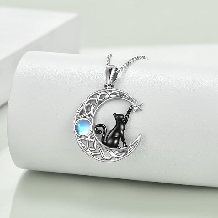 Celtic Moon Black Cat Necklace for Women - Abalone Tree of Life Sterling Silver Cat Lovers Jewelry