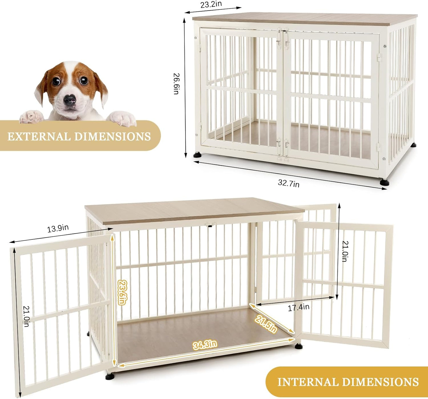 32 Inch Heavy Duty Dog Crate Furniture for Medium and Small Dogs, Decorative Pet House End Table, Wooden Cage Kennel Furniture Indoor with Double Doors, Sturdy Dog Cage for Anxiety Dog
