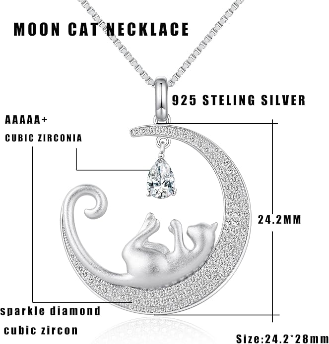 jiamiaoi 18K White Gold Plated Cat Necklace 925 Sterling Silver Diamond Cat Necklace Silver Cat On Moon Necklace for Women Gift for Birthday/Christmas, Come with Gift Box
