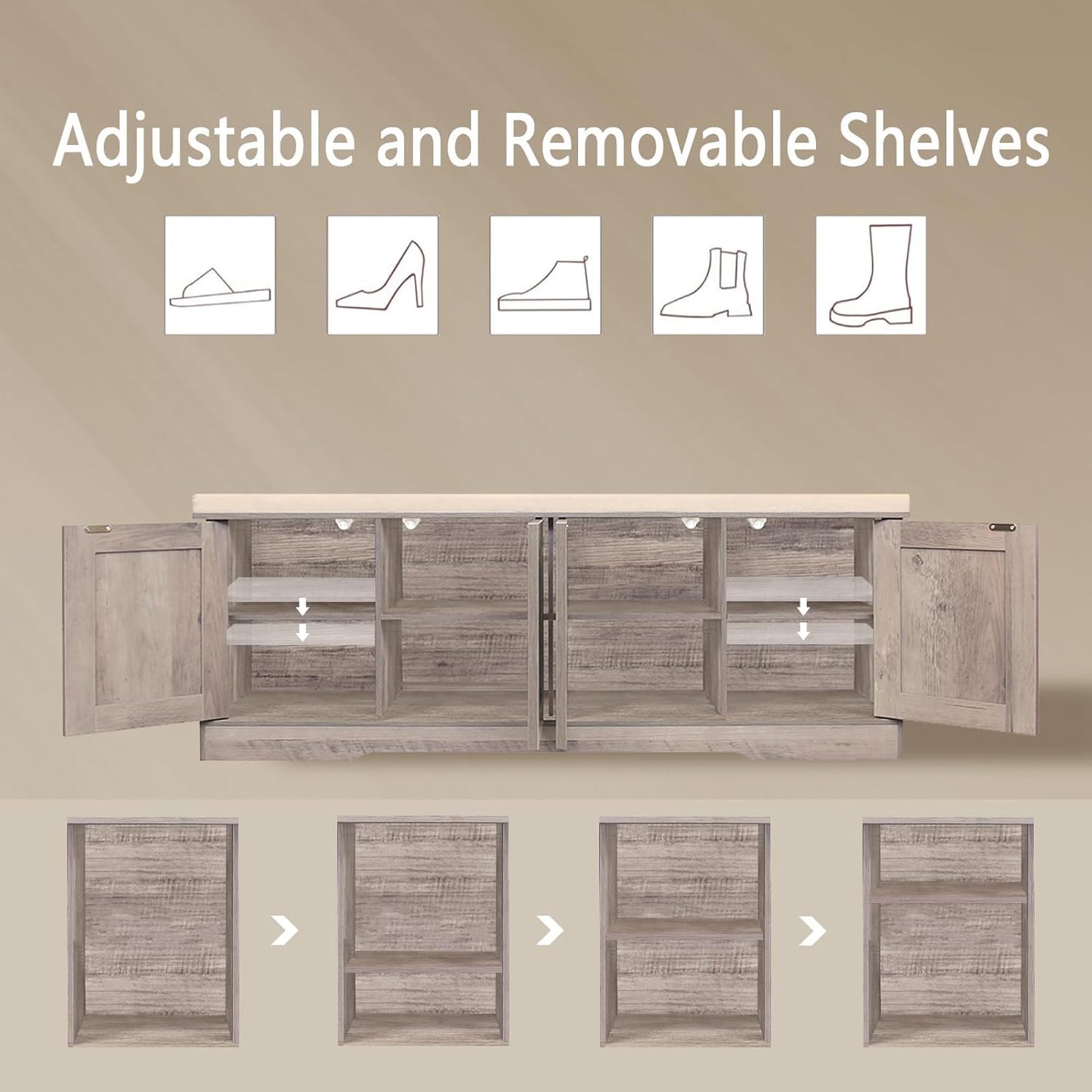 DINZI LVJ Shoe Bench, Entryway Storage Bench with Doors, Cushion, 2-Tier Shoe Rack with 8-Cubby, 47.2”L x 13.8”W Shoe Organizer Cabinet, Adjustable Shelf, Living Room, Bedroom, Greige