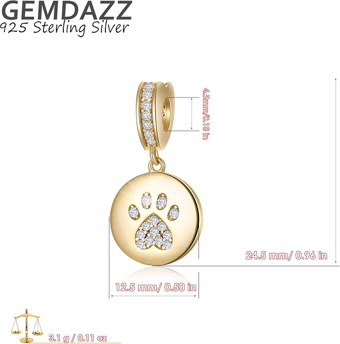 GEMDAZZ Sparkling Puppy Paw Print Charms in 925 Sterling Silver, Pave Dog Pawprint CZ Round Beads and Always in My Heart Charms, Gift for Animal Lover, fit European Women Bracelet/Necklace