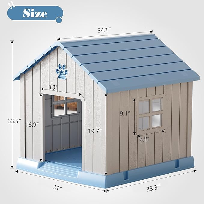 Large Dog House Outdoor Indoor for Medium Large Dogs, Durable Plastic Waterproof Doghouse with Air Vents and Elevated Floor, Easy Clean and Assemble (Blue, 31" L x 33.3" W x 33.5" H)