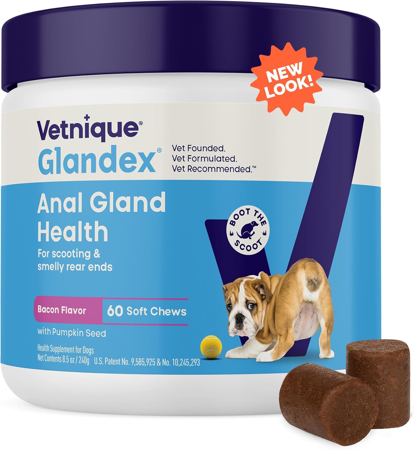 Vetnique Labs Glandex Anal Gland Soft Chew Treats with Pumpkin for Dogs Digestive Enzymes, Probiotics Fiber Supplement for Dogs Boot The Scoot (Bacon Flavor Chews, 60 Count)