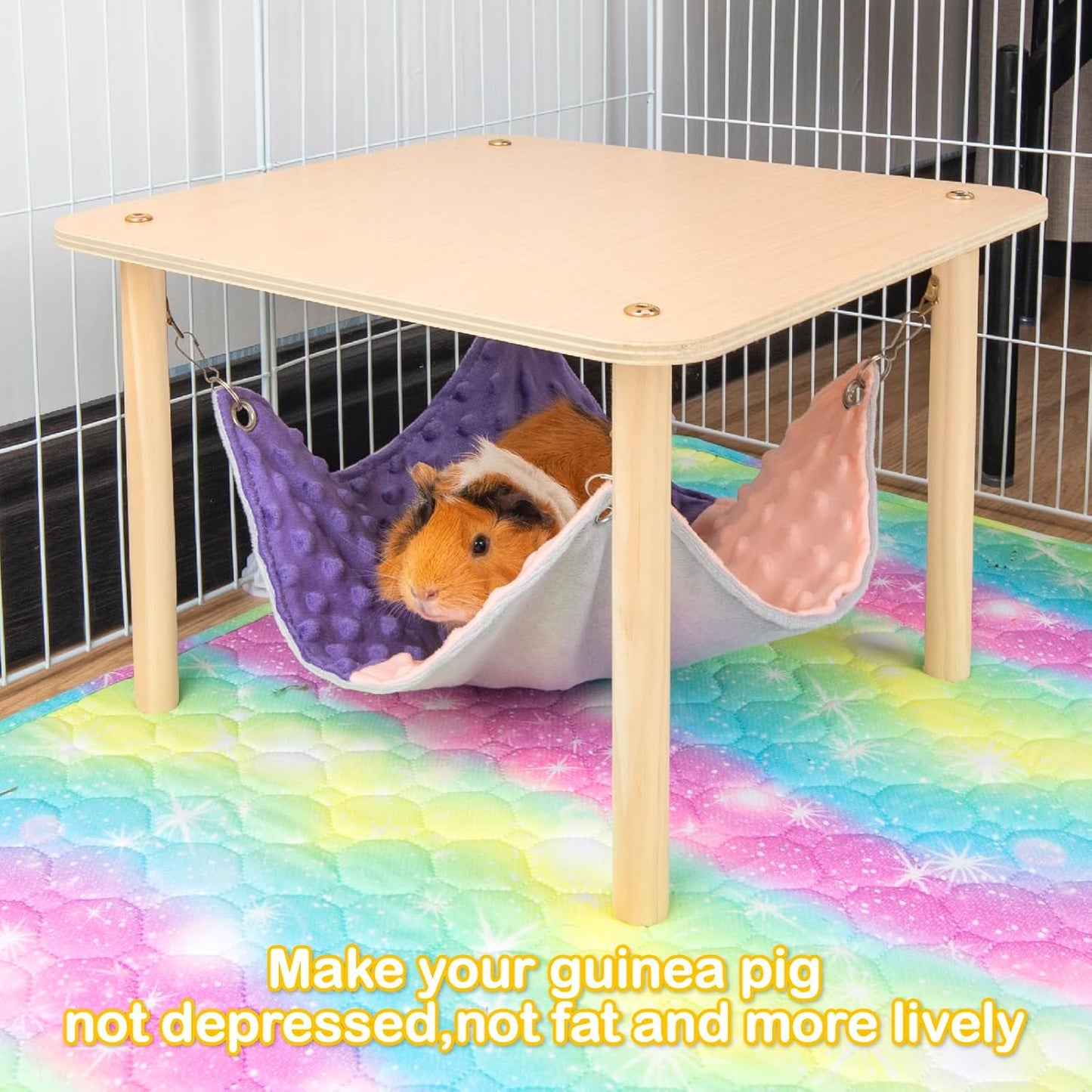 Enlarged Guinea Pig Hammock with Wooden Stand,Small Animal Hanging Bed Large Platform for Guinea Pigs Bunny Ferret Hamster Hiding Sleeping 13L x 13W x 11H in