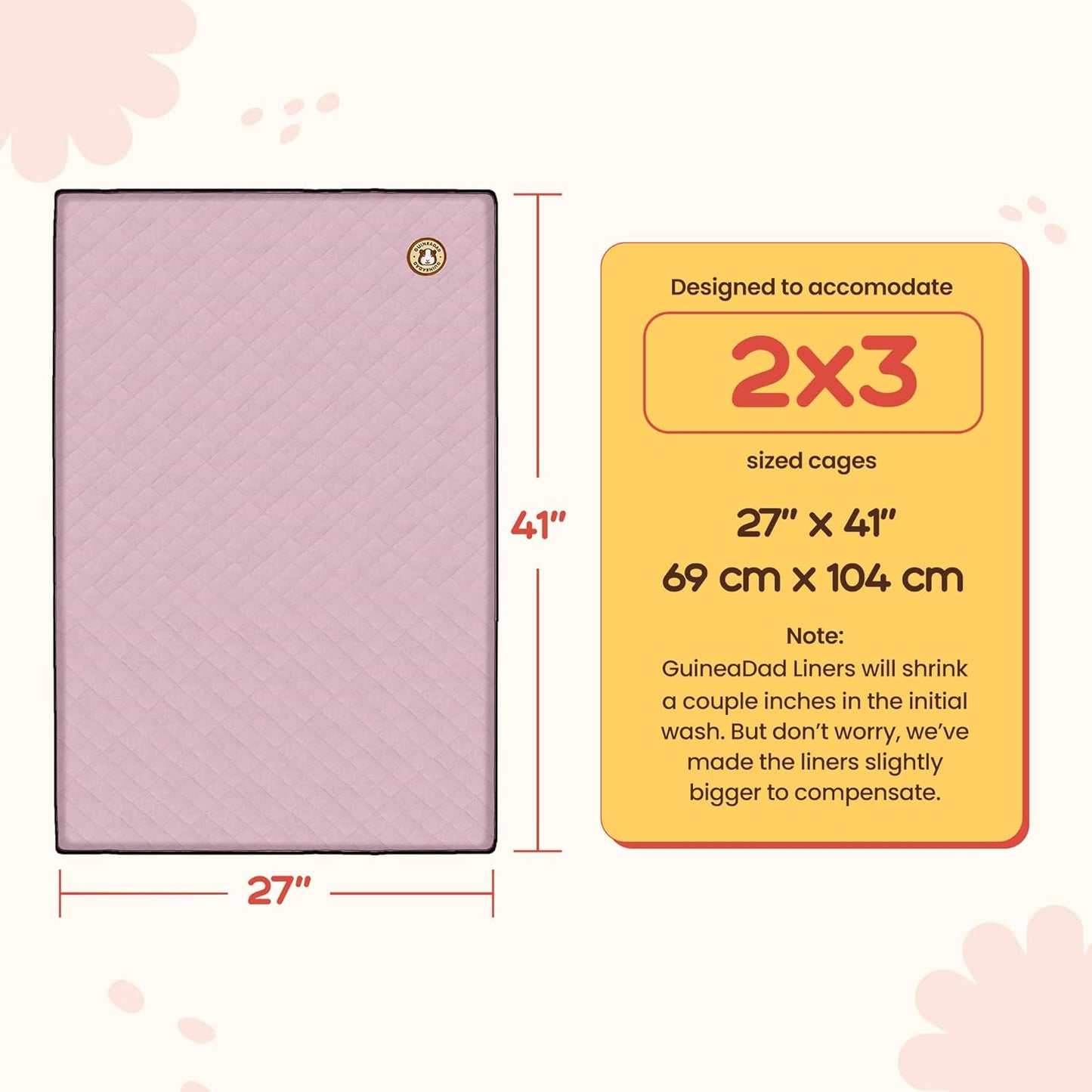 GuineaDad Premium Liner – Fleece Guinea Pig Cage Liner – Ultra-Plush Reusable Fleece Bedding with Waterproof Bottom – Extra Absorbent Liner for 2x3 C&C Cage (Blush)