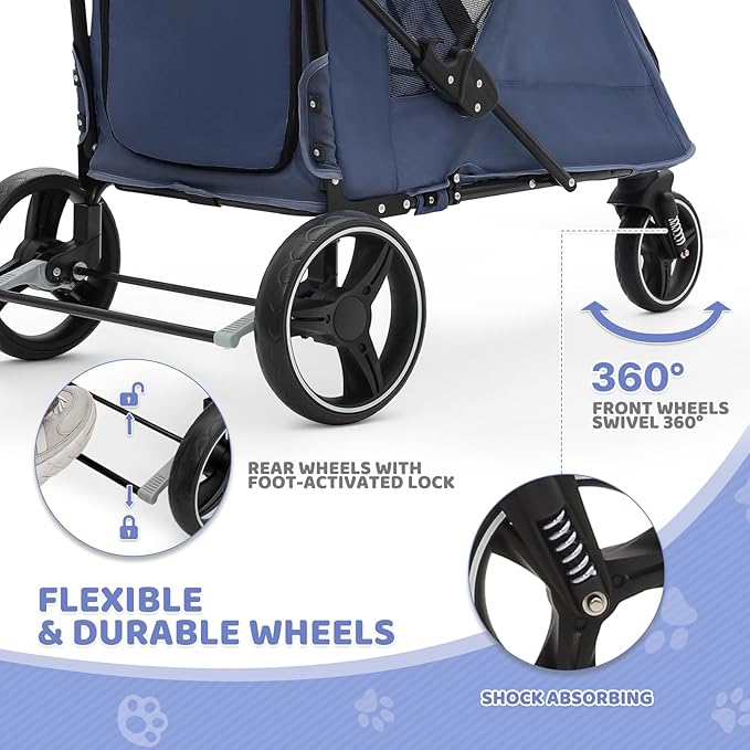 Magshion Pet Stroller for Medium Dogs w/Adjustable Handle, 3-Wheel Dog Cat Wagon w/Dual Entry, Rear Storage, Breathable Mesh, One-Foot Brake, Ideal for Large Pets up to 55 lbs, Navy Blue