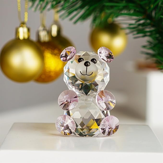 H&D Pink 3D Little Bear Crystal Figurine Paperweights Glass Xmas Decor