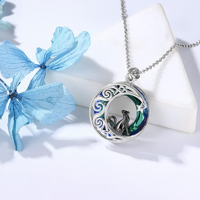 Odinstone Cat Necklace, S925 Sterling Silver Cat on Moon Pendant with Cubic Zirconia, Cat Jewelry Mothers Day Gifts for Mum with Gift Package - I Love You Forever