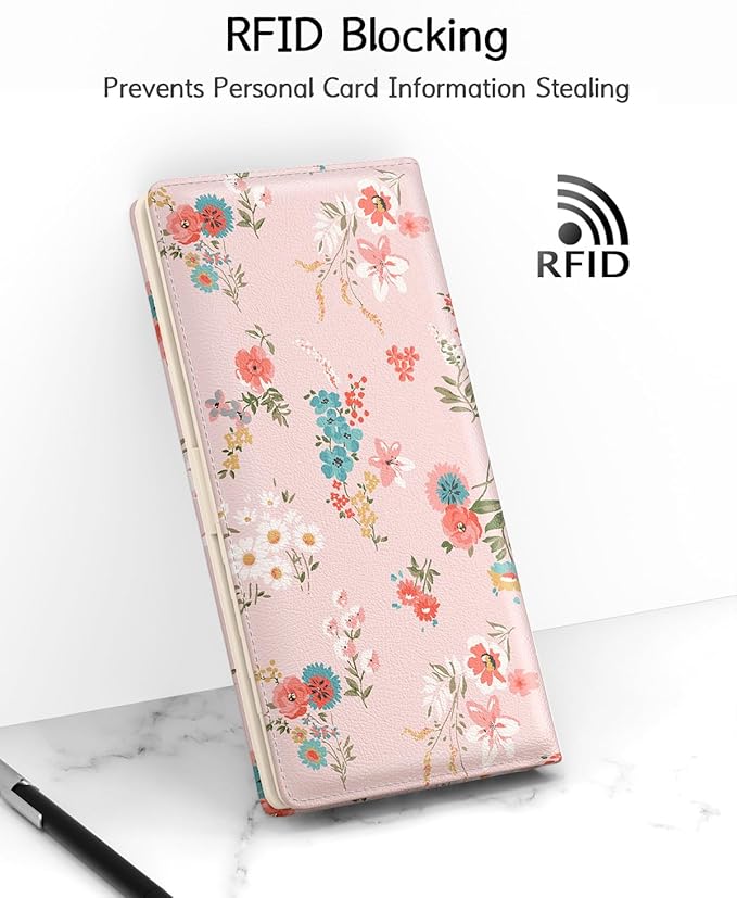 Nipichsha Womens Wallet, RFID Slim Wallets for Women, Thin Ladies Credit Card Holder Purse, Cute Leather Bifold Clutch Billfold with 11 Card Slots & ID Window, Pink Flowers