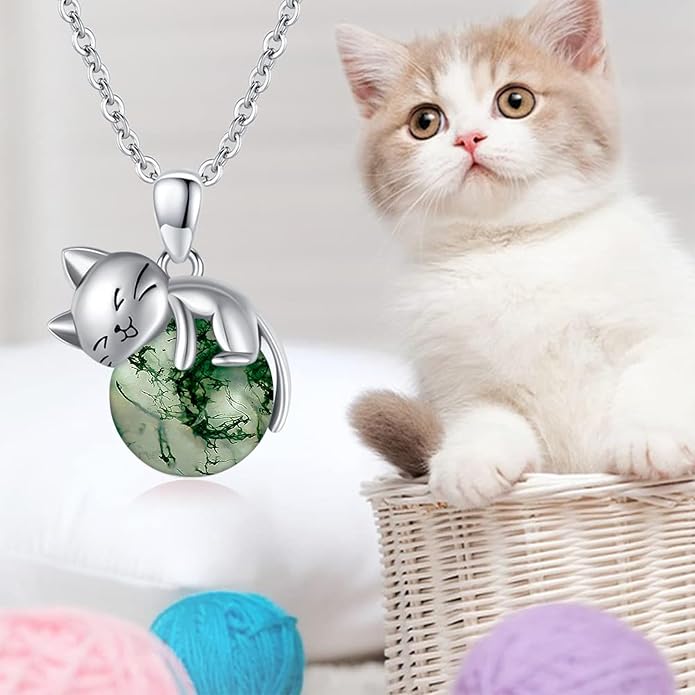 Natural Gemstone Cat Necklace for Women 925 Sterling Silver Cute Kitten Pendant with Genuine Turquoise/Rose Quartz/Amethyst/Larimar/Labradorite/Moss Agate/Blue Sandstone Jewelry Gifts