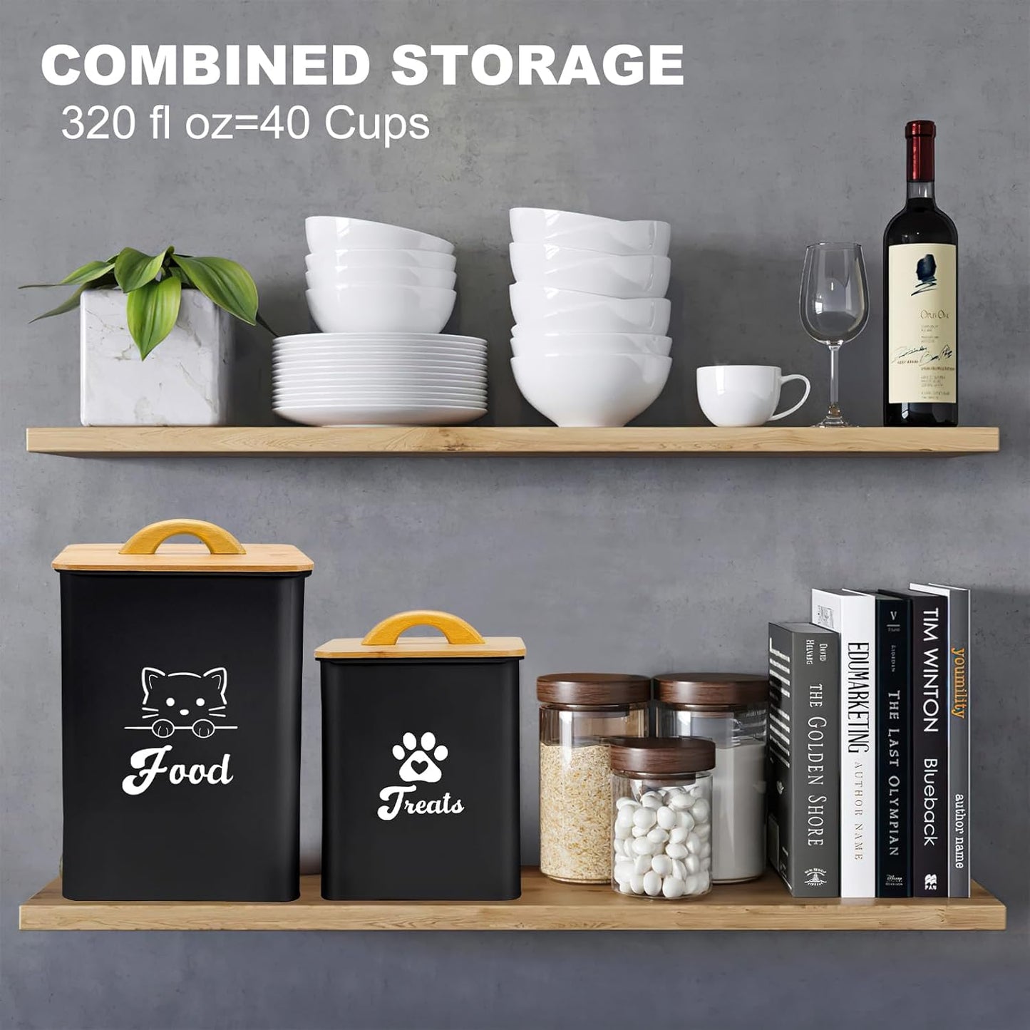 Cat Food Storage Container with Scoop, 2PCS Cat Food Storage Container with Lids Airtight, Cat Treat Jars for Kitchen Counter-7+3Lbs, Cat Cookie Jar for Storage, Black