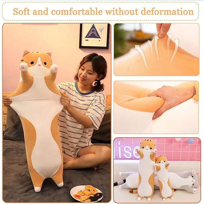 Long Cat Plush Pillow Soft Cat Hugging Pillow Stuffed Animal Pillow Cute Kitty Sleeping Throw Pillow Gift for Kids(110cm/43.30inch,Yellow