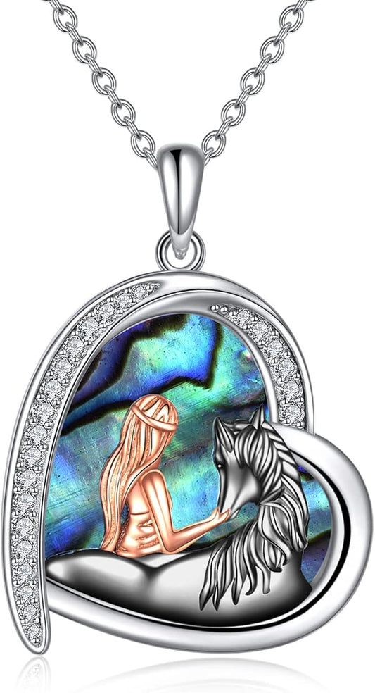 Sterling Silver Horse Necklace for Women - Abalone Love Heart With Black Pendant - Christmas Jewelry Gifts for Horse Lovers