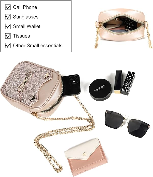 Cute Crossbody Purse for Teen Girls Sparkly Cat Purse and Small Crossbody Bags for Women Gift with Chain Strap