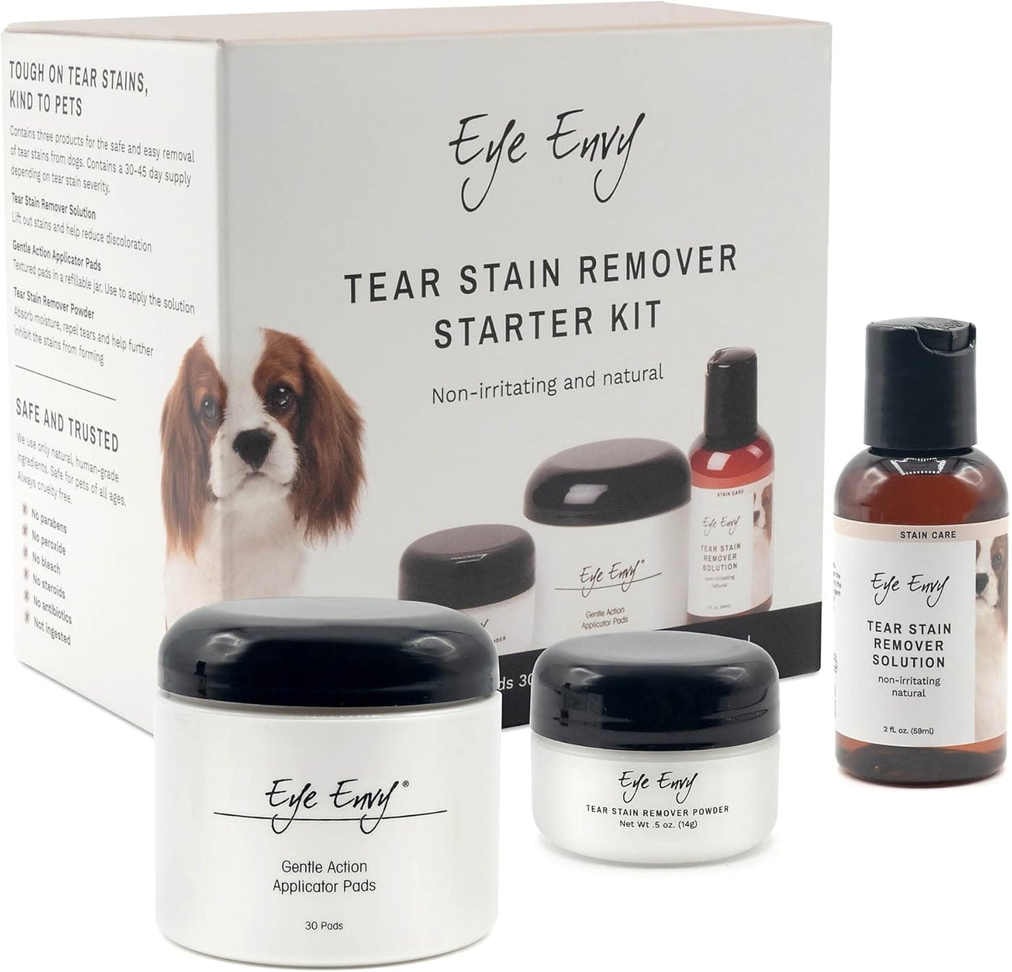 Eye Envy Dog Tear Stain Remover Starter Kit. 100% Natural, Safe. Contains: Stain Solution, Applicator Pads, and Stain Powder. Tear Stain Treatment Kit. Lasts 30-45 Days. Made in USA