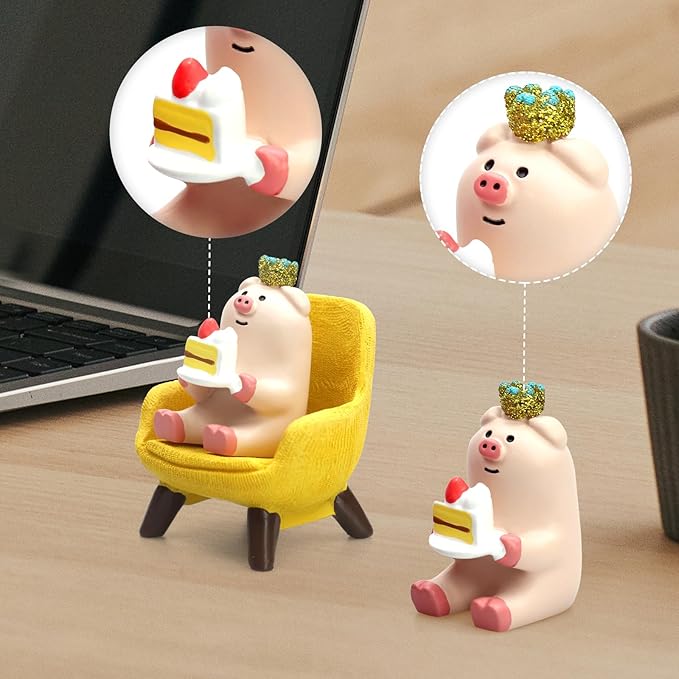 Cute Mini Pig Eating Cake Resin Figurine Apply to for Office, Home Decoration Perfect for Pig Lovers - Yellow Sofa