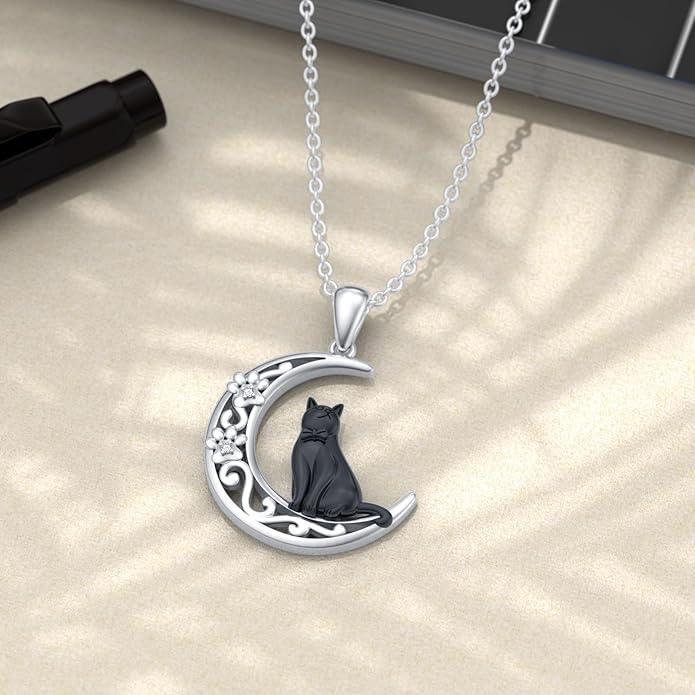 Diamond Black Cat Necklace for Women 925 Sterling Silver Cat on Moon Necklace Pendant Black Cat Jewelry Gifts for Women Mom Wife Girlfriend Daughter Girls
