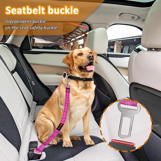 Removable Dog Seat Belt Harness for Car, 3 in 1 Pet Dog Car Seatbelt Leash, Retractable Restraint Secures to Vehicle Headrest & Adjustable Reflective Bungee Dog Seatbelt Tether, Rose and Black