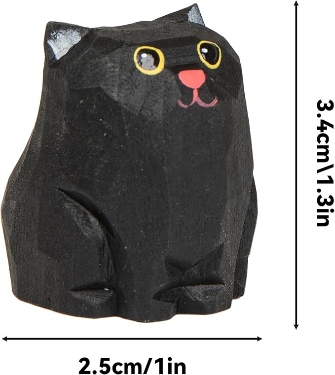 Cute Small Wood Black Cat Figurine, Handmade Carved Statue Home Decor, Unique Figure Collectibles Gift for Cat Lovers