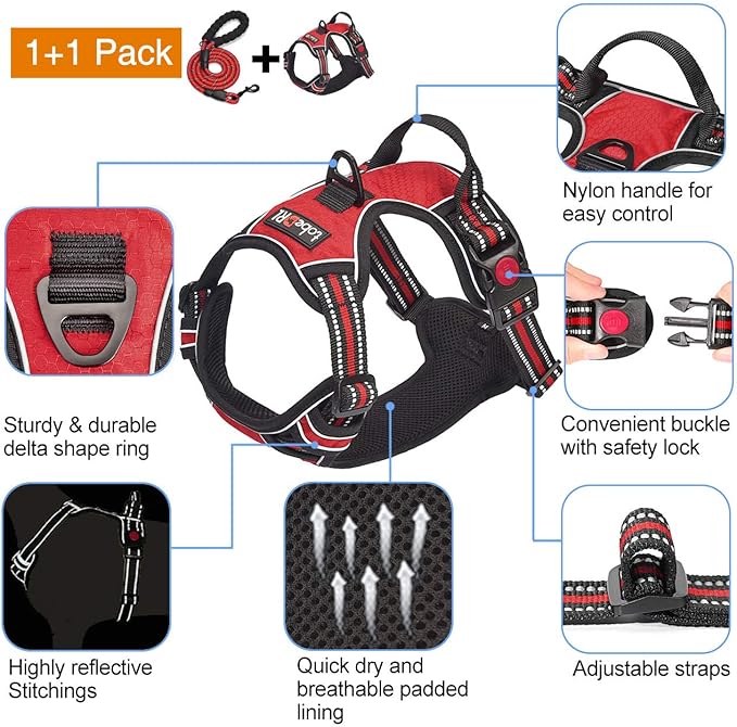 No Pull Dog Harness Adjustable Reflective Oxford Easy Control Medium Large Dog Harness with A Free Heavy Duty 5ft Dog Leash (M (Chest: 22"-26"), Red Harness+Leash)