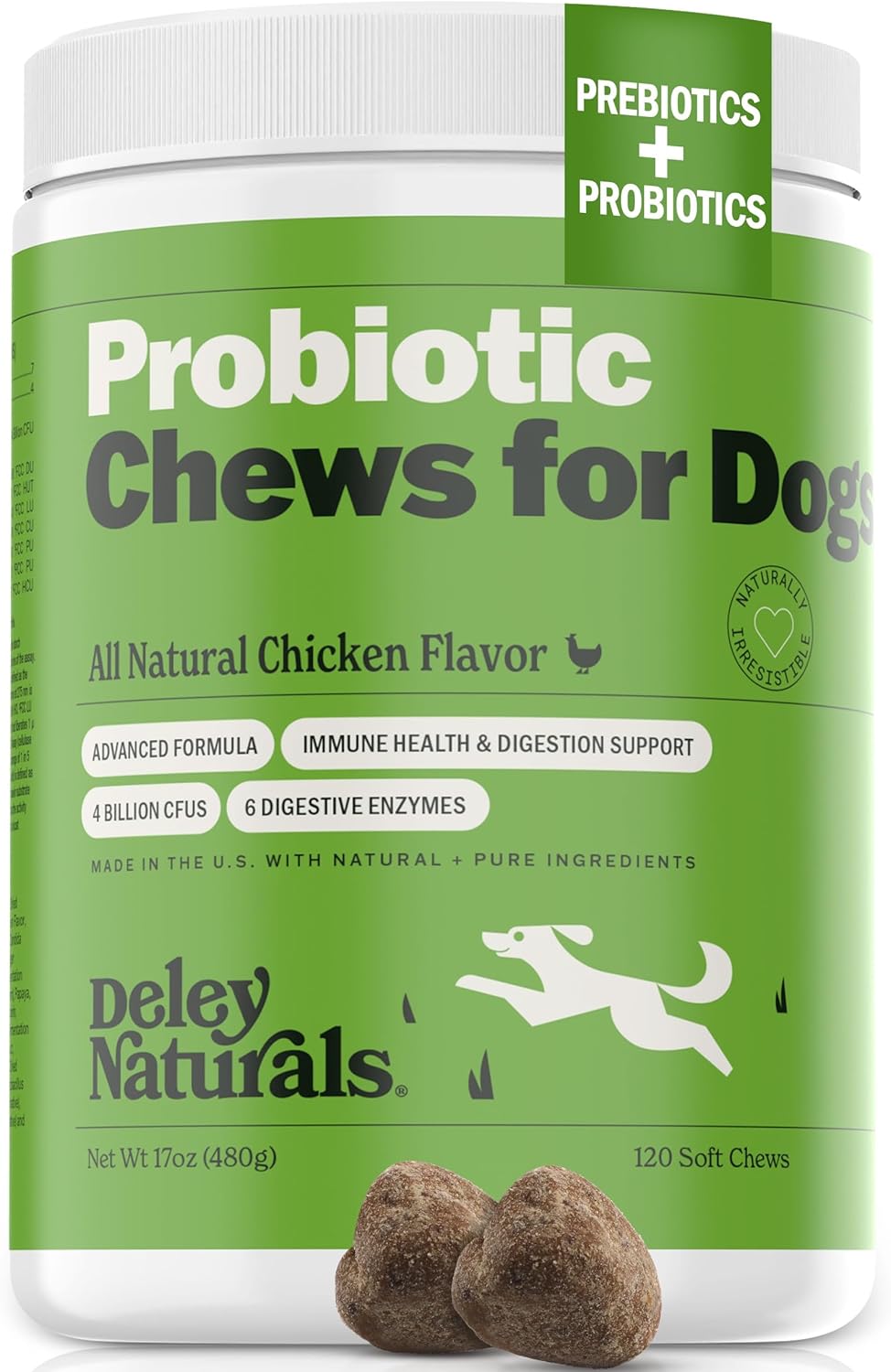 Deley Naturals Dog Probiotic Chews - Dogs Probiotic for Digestive Health with 4 Billion CFUs & Digestive Enzymes - Anti Diarrhea for Dogs - Dog Gut Health Probiotics for Allergies - Made in The USA
