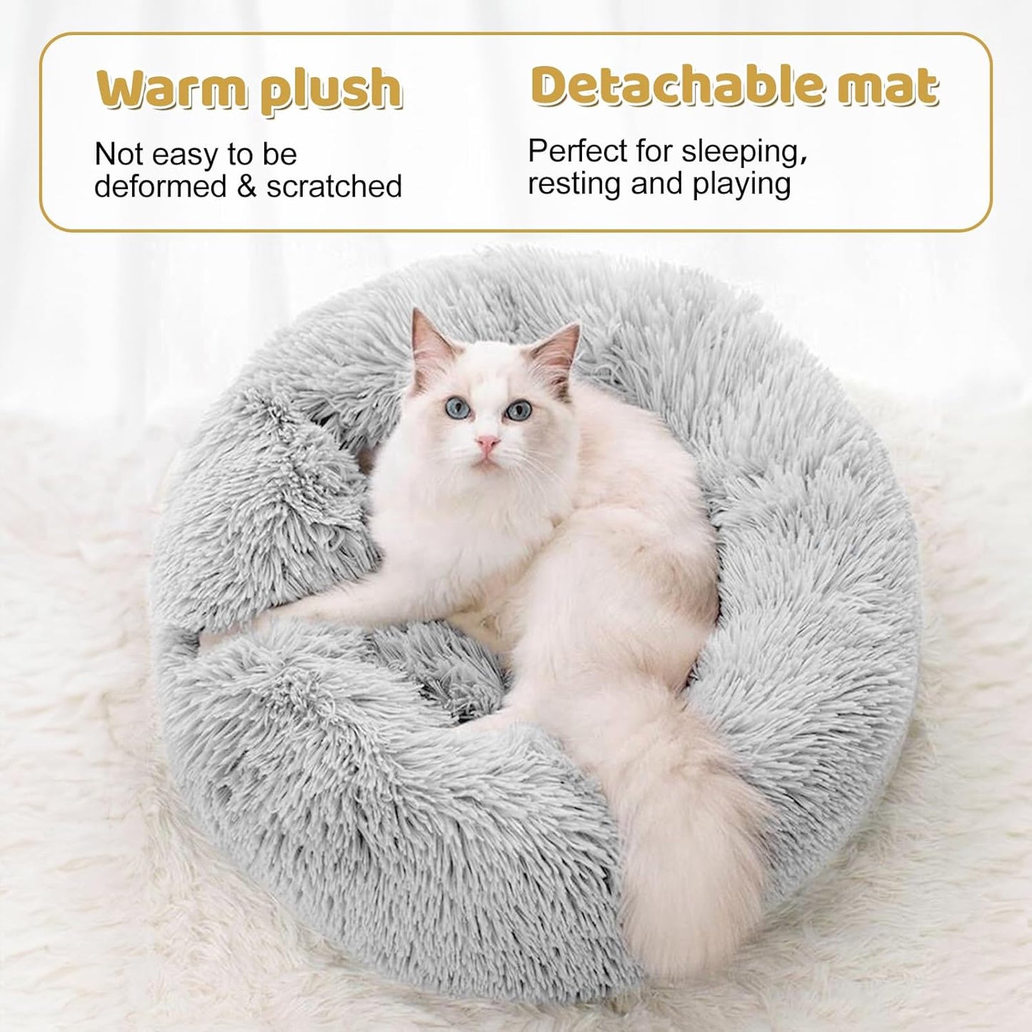 Odoland Cat Tunnel Bed with 20 Cat Toys - Indoor Plush Kitten Couch, Detachable Cats Cave Donut Tunnel & Soft Kitten Toy Set - Cozy Cat Furniture, White
