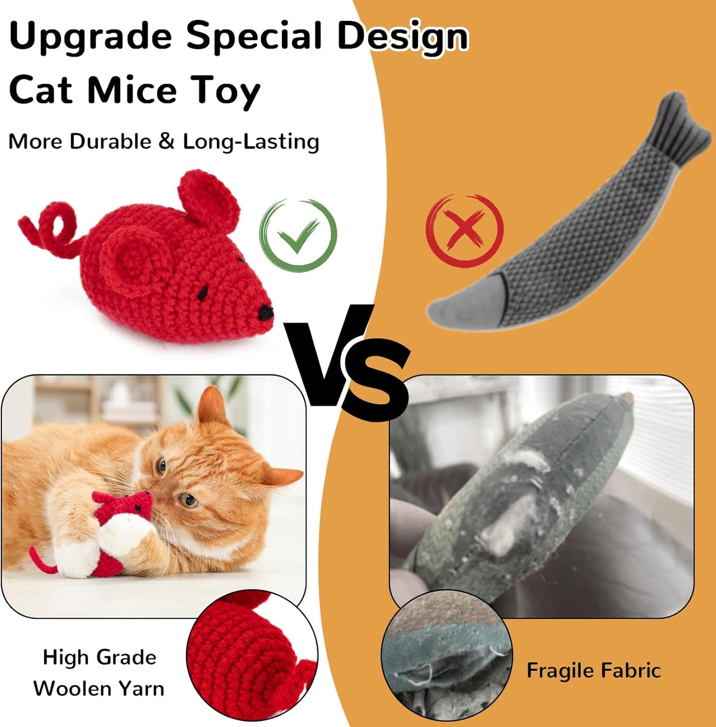 Retro Shaw Catnip Toys Crochet Mouse, 6 Pcs Yarn Cat Nip Mice Safe Teeth Cleaning Chew Toy for Indoor Kittens Kitty, Interactive Catnip Cat Kicker Toys