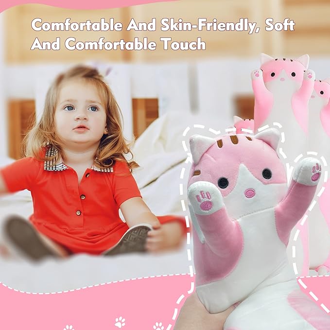 Long Cat Plush Pillow, 43.3in Cute Pink Cat Plushie Stuffed Animals Body Pillow, Kawaii Kitten Soft Plushie Doll Toy Birthday Gift for Kids Girlfriend