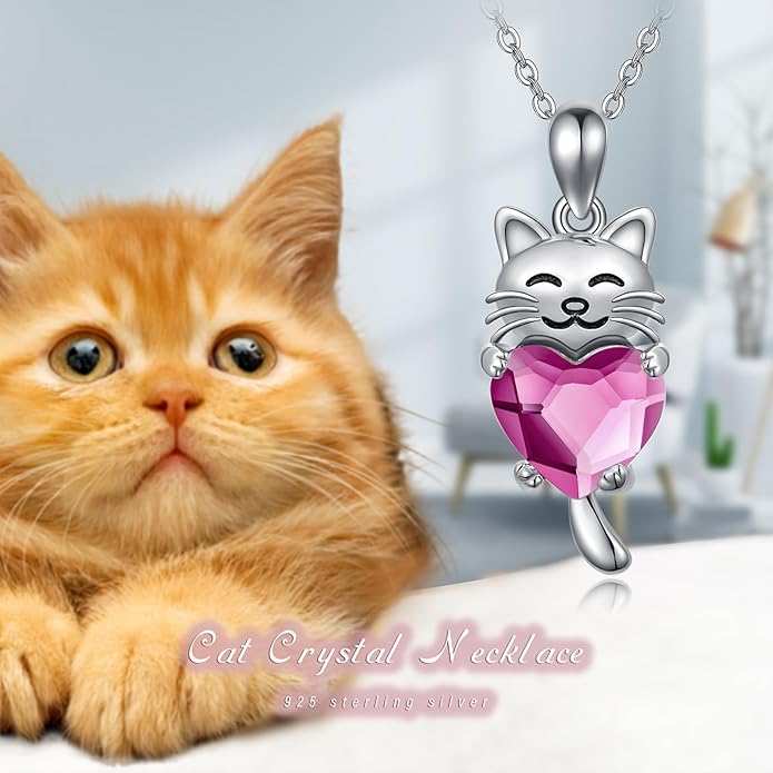 JUSTKIDSTOY Sterling Silver Cute Animal Pendant Necklace with Crystal Cat Pendant - Women's Cat Lovers Jewelry Gift