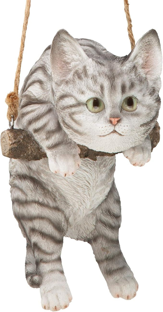 Design Toscano Gray Tabby Kitty on a Perch Hanging Cat Sculpture