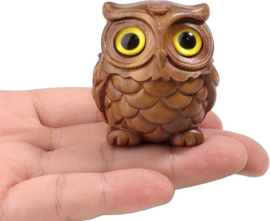 Owl Wooden Figurine,Handmade Art Carved Miniature Animal Garden Statue Collectible,Gift Holiday Home Decor,for Office, Desktop, Bedroom, Living Room, Bookshelf Decoration