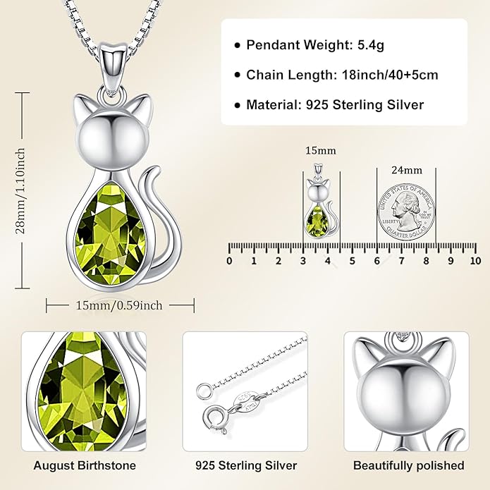 Odinstone Cat Birthstone Necklaces Jewelry Sterling Silver Cat Pendant Necklace Gift for Women Gifts, 18'' Silver Box Chain Women's Birthstone Crystal Cat Jewelry Gifts