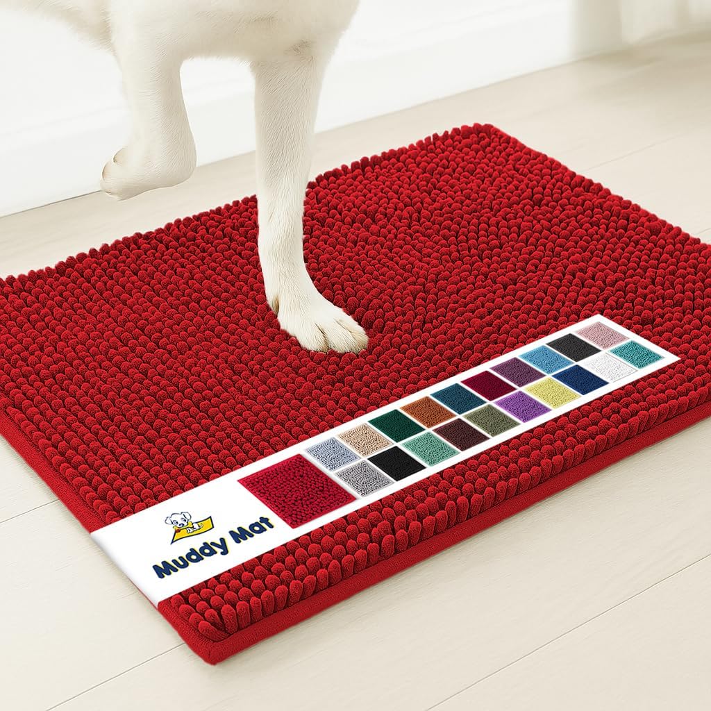 Muddy Mat® AS-SEEN-ON-TV Highly Absorbent Microfiber Door Mat and Pet Rug, Non Slip Thick Washable Area and Bath Mat Soft Chenille for Kitchen Bathroom Bedroom Indoor and Outdoor - Red 5ft x 7ft