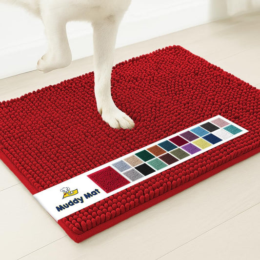 Muddy Mat® AS-SEEN-ON-TV Highly Absorbent Microfiber Door Mat and Pet Rug, Non Slip Thick Washable Area and Bath Mat Soft Chenille for Kitchen Bathroom Bedroom Indoor and Outdoor - Red 3ft x 8ft