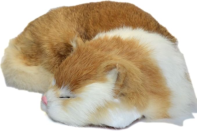 Realistic Furry Sleeping Cat Figurine Simulation Kitty Lifelike Kitten Home Office Shelf Decorative Statue, Synthetic Fur Pet Replica (Orange)