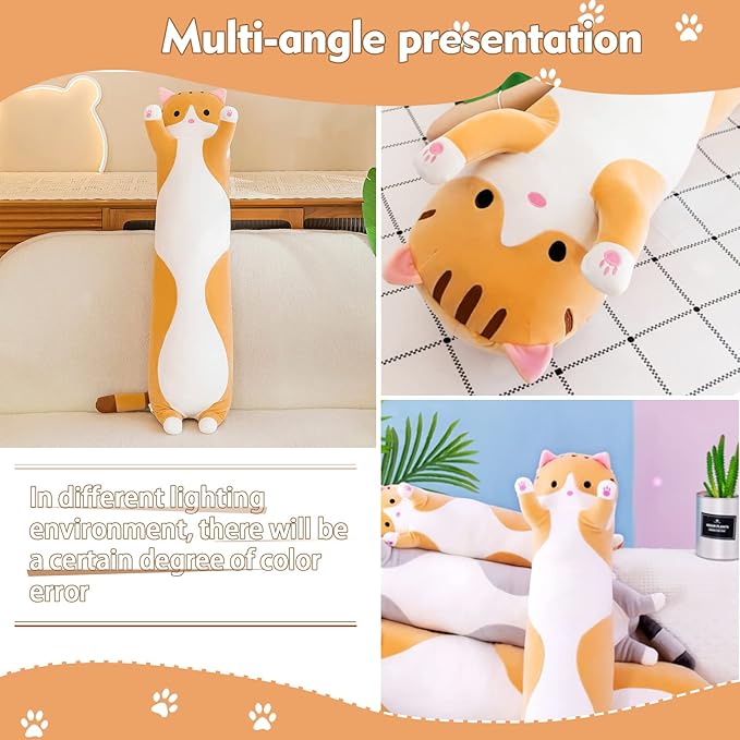 Long Cat Plush Pillow, 27.6in Cute Cat Plushie Stuffed Animals Body Pillow, Yellow Kawaii Kitten Soft Plushie Doll Toy Birthday Gift for Kids Girlfriend