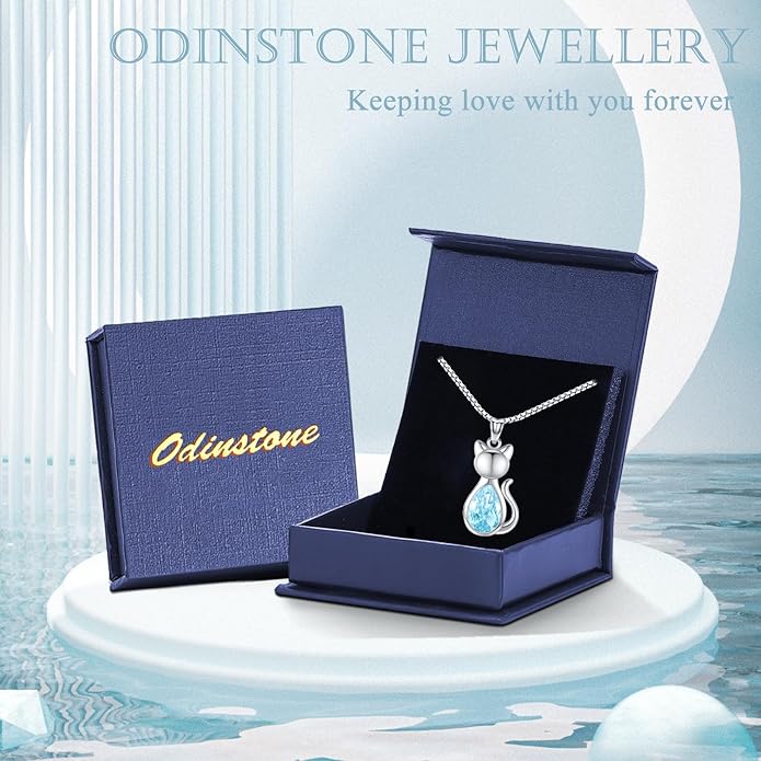 Odinstone Cat Birthstone Necklaces Jewelry Sterling Silver Cat Pendant Necklace Gift for Women Gifts, 18'' Silver Box Chain Women's Birthstone Crystal Cat Jewelry Gifts