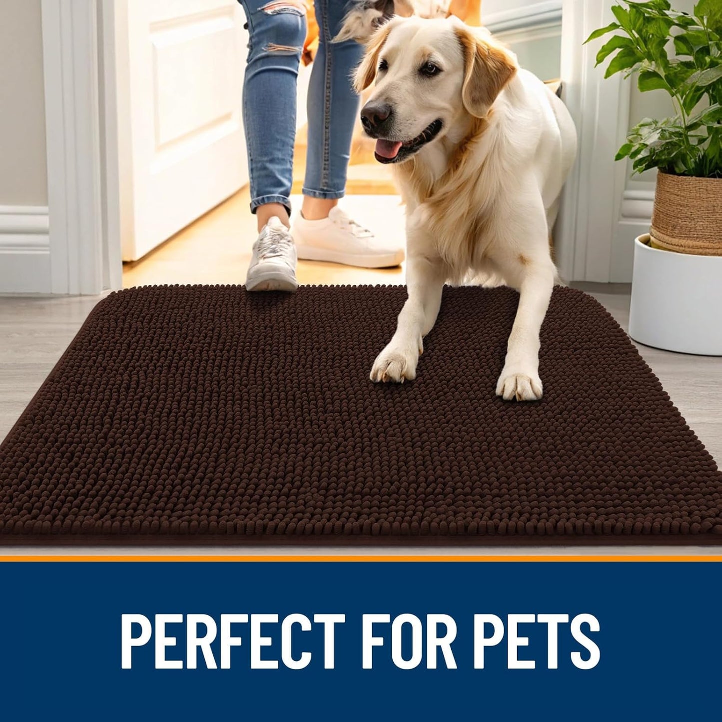 OLANLY Dog Door Mat for Muddy Paws 36x24, Absorbs Moisture and Dirt, Absorbent Non-Slip Washable Doormat, Quick Dry Chenille Mud Mat for Dogs, Entry Indoor Entryway Carpet for Inside Floor, Brown