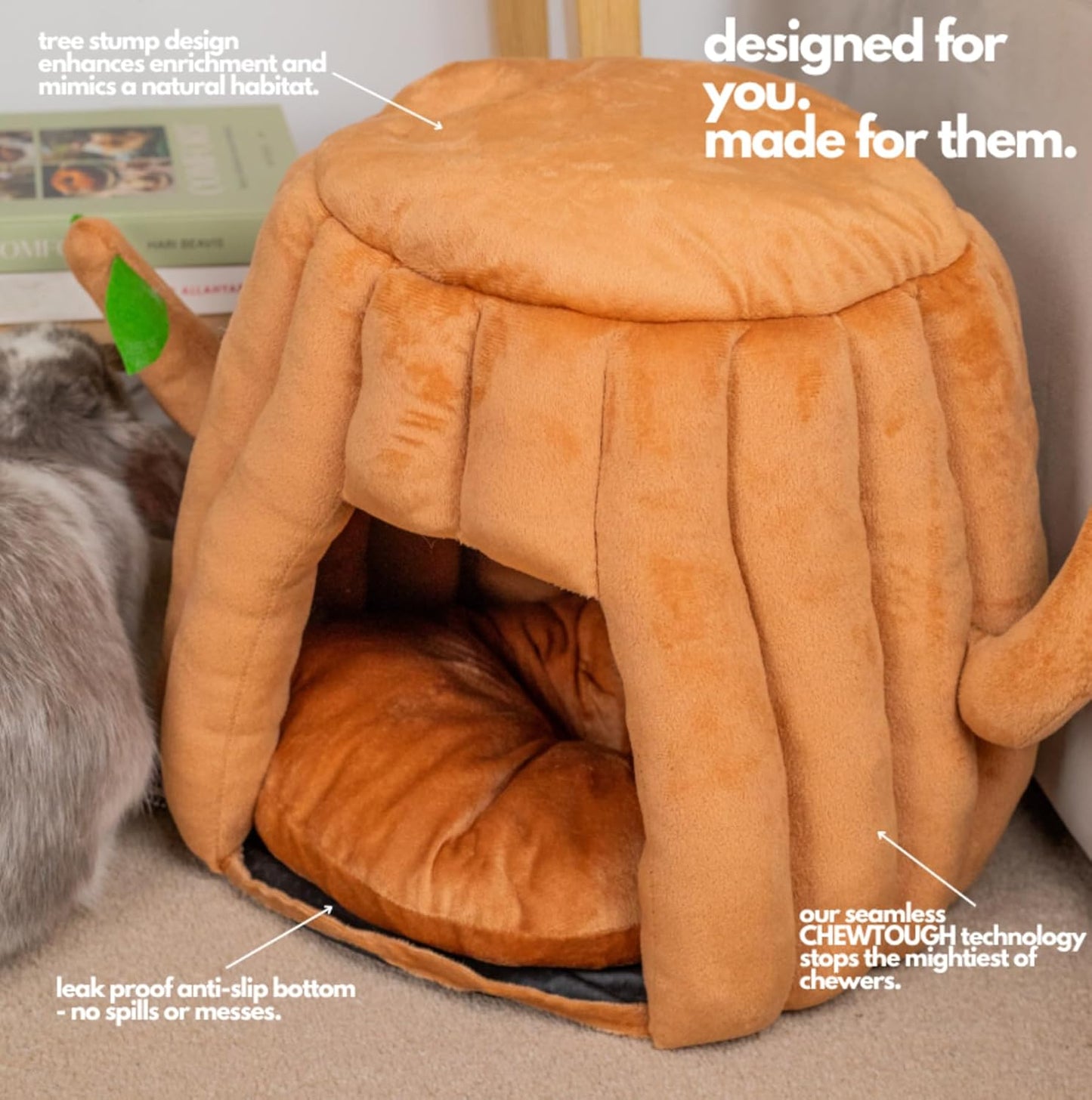 Hopp'd™ Guinea Pig Hideout & Bed – 2-in-1 Washable Tree Stump House | Rat, Ferret, Hamster, Bunny Bed Hideout | Waterproof, Anti-Slip, Chew-Proof | Free Pillow | Small Animal Accessories (Large)