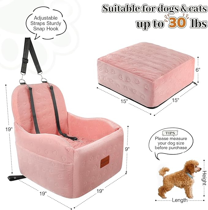 Dog Booster Car Seat for Small/Medium Dogs,Soft Puppy Portable Car Seat with Elevated Cushion,Fits in Front/Back Seat,Fully Detachable and Washable,Easy to Install (Pink, Medium)