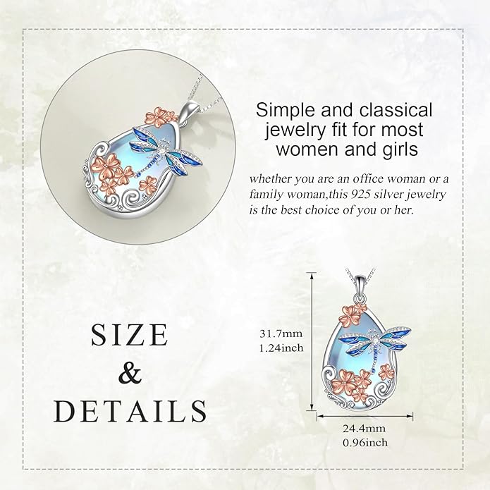 KQF Dragonfly/Butterlfy/Cat/Jellyfish/Bunny/Axolotl/Bee/Mermaid/Hummingbird/Elephant Necklace for Women Sterling Silver Moonstone Pendant Necklace Dragonfly Jewelry Gifts for Women