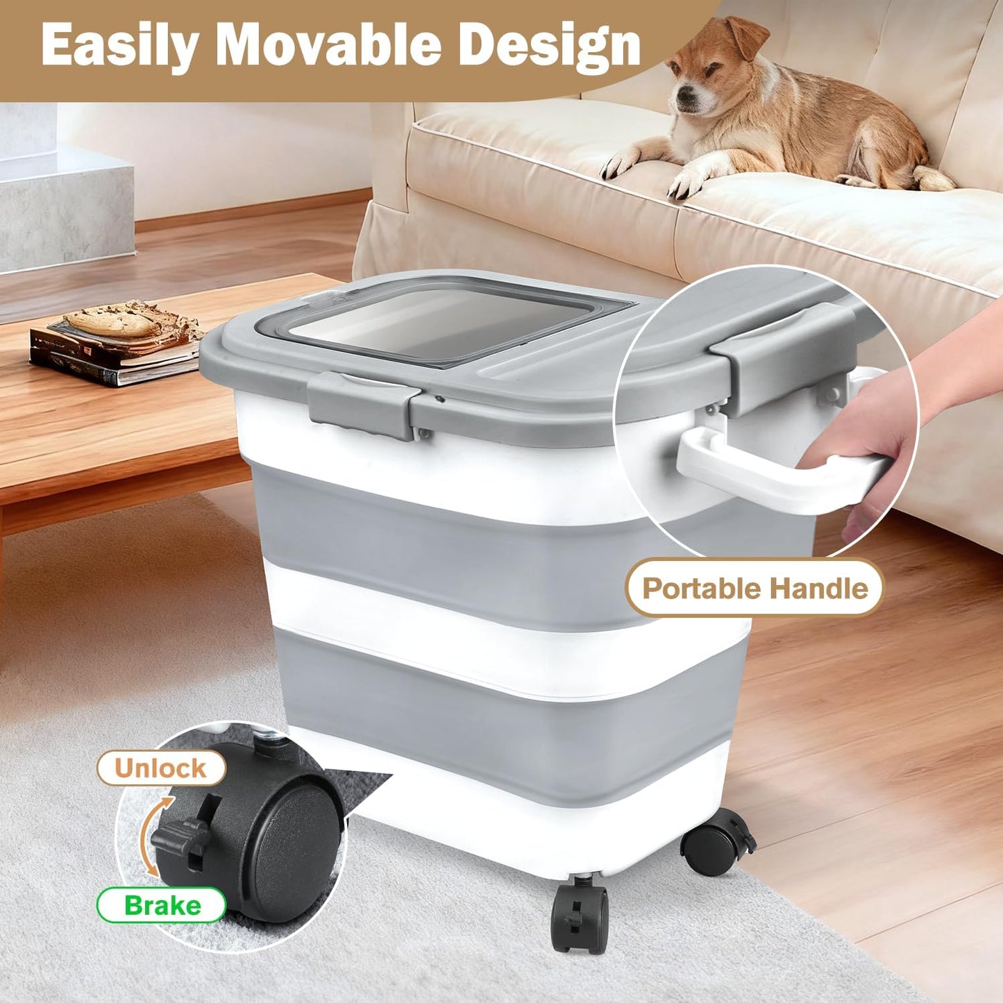 Rice Storage Container, Collapsible Airtight Food Storage Containers 10-40 Lbs, Rice Dispenser Bin with Cup and Scoop for Flour Cereal Pasta Grain, Cat Bird Pet Dog Food Storage Container