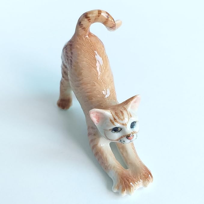 Ceramic Cat Figurine Porcelain Kitten Stretching Post Adorable Pet Kitty Collectible Miniature Hand Painted Animal Gift Decor Calico Brown Tabby